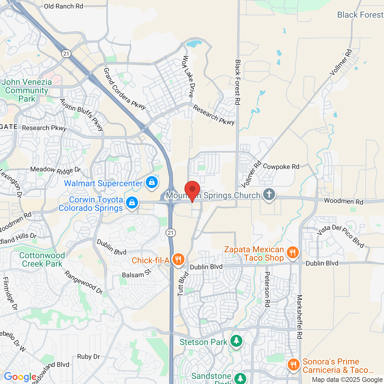 Google map image of our location in 6210 Woodmen Park View Colorado Springs, CO